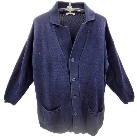 Joan Vass Blue‎ Knit Button Up Pockets Oversized Cardigan Sweater Top - Picture 1 of 13